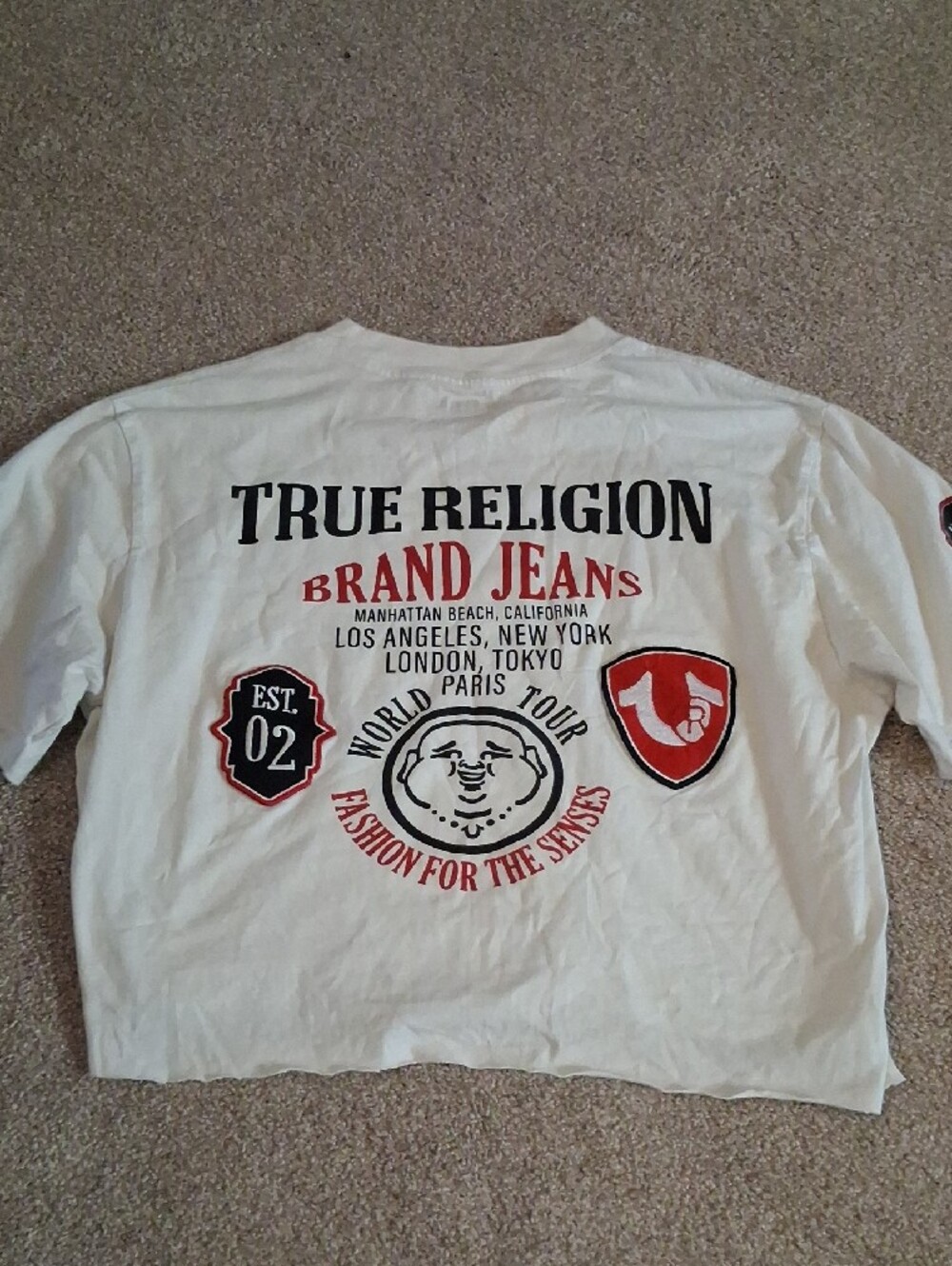 True Religion White Short Cut Off Short Sleeve. Logo Tee Red World Tour XL